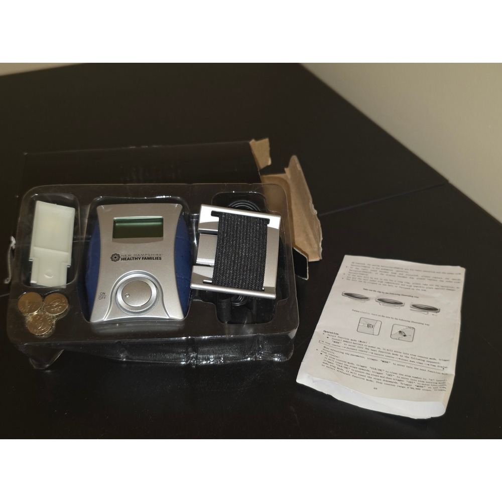 New Hampshire Healthy Families Pedometer with FM Radio Silver Blue Fitness Track